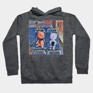 kitten and teddy bear listening to music in the bus illustration Hoodie